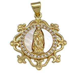 Jesus Charms Copper Pendant Pave Shell Zirconia Religious 18K Gold Plated, approx 22mm [FN41024]