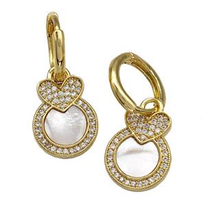 Copper Heart Hoop Earrings Pave Shell Zirconia 18K Gold Plated, approx 11-15mm, 12mm dia [FN41027]