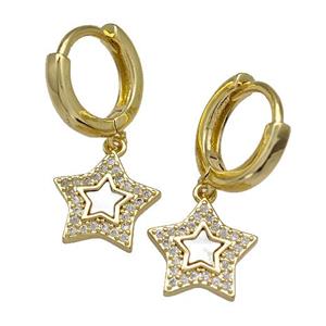 Copper Star Hoop Earrings Pave Shell Zirconia 18K Gold Plated, approx 12mm, 12mm dia [FN41028]