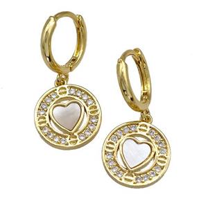 Copper Heart Hoop Earrings Pave Shell Zirconia 18K Gold Plated, approx 12mm, 12mm dia [FN41029]