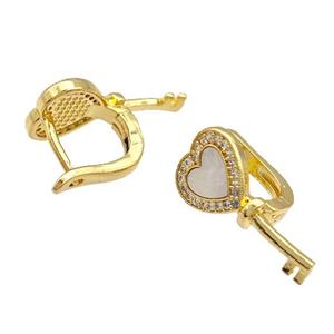 Copper Latchback Earrings Pave Shell Zircon Key 18K Gold Plated, approx 10-19mm [FN41035]
