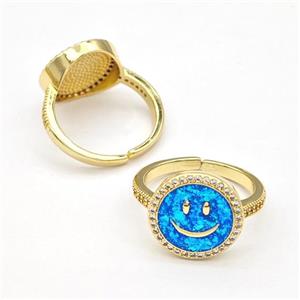 Copper Rings Pave Fire Opal Zirconia Emoji Smile Face 18K Gold Plated, approx 14mm, 18mm dia [FN41040]