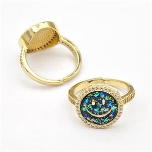 Copper Rings Pave Fire Opal Zirconia Emoji Smile Face 18K Gold Plated, approx 14mm, 18mm dia [FN41041]