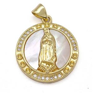 Jesus Charms Copper Pendant Pave Shell Zircon Circle Religious 18K Gold Plated, approx 20mm [FN41071]