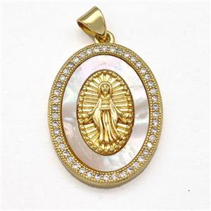 Jesus Charms Copper Pendant Pave Shell Zircon Oval Religious 18K Gold Plated, approx 19-25mm [FN41073]