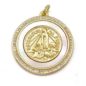 Jesus Charms Copper Pendant Pave Shell Zircon Circle Religious 18K Gold Plated, approx 23mm [FN41074]