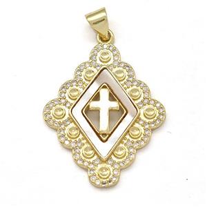Copper Cross Pendant Pave Shell Zircon Rhombus 18K Gold Plated, approx 22-28mm [FN41075]