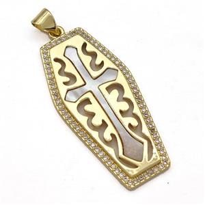 Copper Cross Pendant Pave Shell Zircon 18K Gold Plated, approx 17-35mm [FN41076]