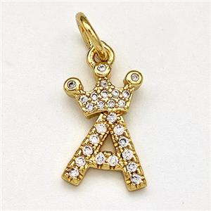 Copper Pendant Pave Zirconia Letter-A Crown Gold Plated, approx 10-14mm [FN41084]