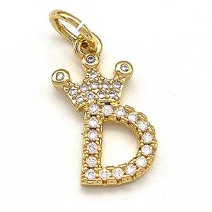 Copper Pendant Pave Zirconia Letter-D Crown Gold Plated, approx 10-14mm [FN41087]