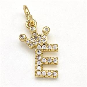 Copper Pendant Pave Zirconia Letter-E Crown Gold Plated, approx 10-14mm [FN41088]