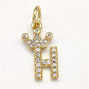 Copper Pendant Pave Zirconia Letter-H Crown Gold Plated, approx 10-14mm [FN41091]