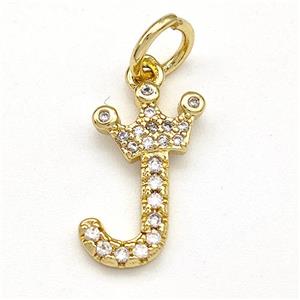 Copper Pendant Pave Zirconia Letter-J Crown Gold Plated, approx 10-14mm [FN41093]
