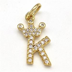 Copper Pendant Pave Zirconia Letter-K Crown Gold Plated, approx 10-14mm [FN41094]