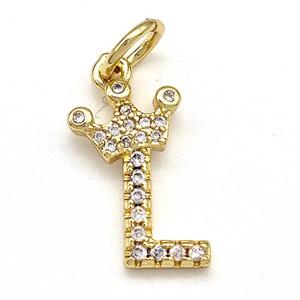 Copper Pendant Pave Zirconia Letter-L Crown Gold Plated, approx 10-14mm [FN41095]