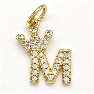 Copper Pendant Pave Zirconia Letter-M Crown Gold Plated, approx 10-14mm [FN41096]