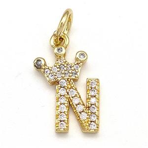 Copper Pendant Pave Zirconia Letter-N Crown Gold Plated, approx 10-14mm [FN41097]