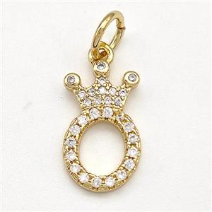 Copper Pendant Pave Zirconia Letter-O Crown Gold Plated, approx 10-14mm [FN41098]