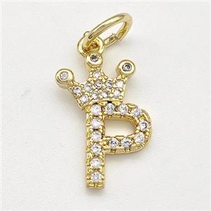 Copper Pendant Pave Zirconia Letter-P Crown Gold Plated, approx 10-14mm [FN41099]