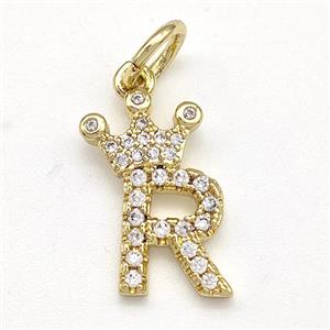 Copper Pendant Pave Zirconia Letter-R Crown Gold Plated, approx 10-14mm [FN41101]