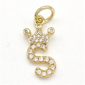 Copper Pendant Pave Zirconia Letter-S Crown Gold Plated, approx 10-14mm [FN41102]