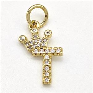 Copper Pendant Pave Zirconia Letter-T Crown Gold Plated, approx 10-14mm [FN41103]