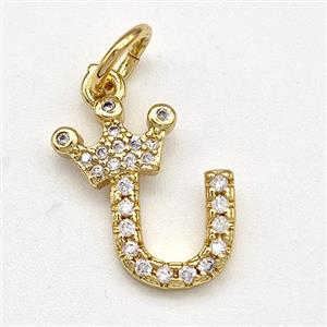 Copper Pendant Pave Zirconia Letter-U Crown Gold Plated, approx 10-14mm [FN41104]