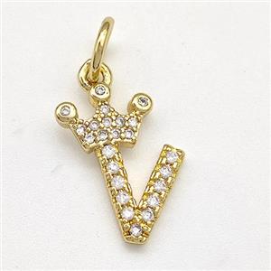 Copper Pendant Pave Zirconia Letter-V Crown Gold Plated, approx 10-14mm [FN41105]
