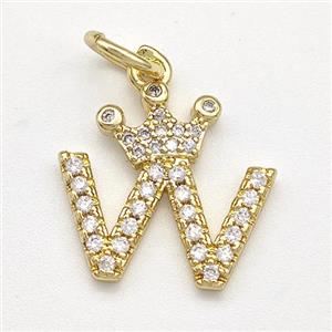 Copper Pendant Pave Zirconia Letter-W Crown Gold Plated, approx 10-14mm [FN41106]