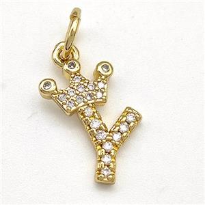 Copper Pendant Pave Zirconia Letter-Y Crown Gold Plated, approx 10-14mm [FN41108]