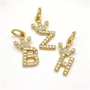 Copper Letter Pendant Pave Zirconia Mixed Alphabet Crown Gold Plated, approx 10-14mm [FN41110]
