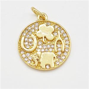 Copper Circle Pendant Micro Pave Zirconia Clover Elephant Gold Plated, approx 15mm [FN41158]