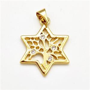 Copper David Star Pendant Pave Zircon Tree Of Life Gold Plated, approx 20mm [FN41163]