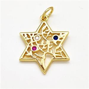 Copper David Star Pendant Pave Zircon Tree Of Life Gold Plated, approx 21mm [FN41164]
