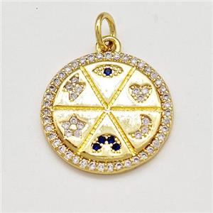 Symbol Medallion Charms Copper Circle Pendant Pave Zircon Evil Eye Moon Star Gold Plated, approx 17mm [FN41184]