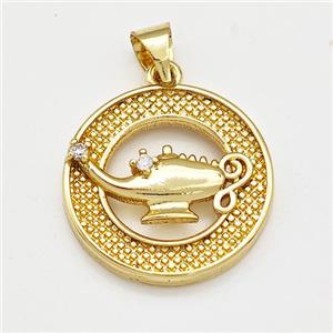 Aladdin Lamp Charms Copper Pendant Pave Zircon Gold plated, approx 18mm [FN41187]