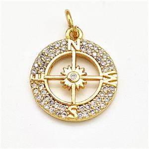 Compass Charms Copper Pendant Pave Zircon Gold Plated, approx 15mm [FN41189]