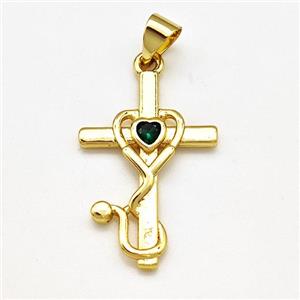 Copper Cross Pendant Pave Zircon Gold Plated, approx 16-24mm [FN41207]