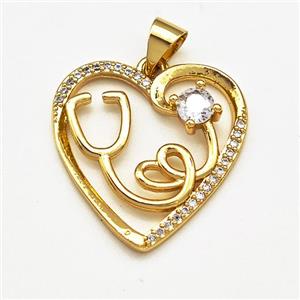Copper Heart Pendant Pave Zircon Stethoscope Gold Plated, approx 21mm [FN41209]