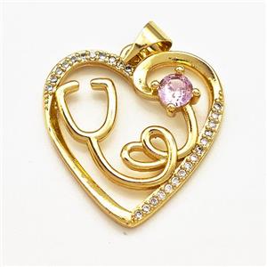 Copper Heart Pendant Pave Zircon Stethoscope Gold Plated, approx 21mm [FN41210]