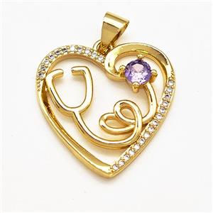 Copper Heart Pendant Pave Zircon Stethoscope Gold Plated, approx 21mm [FN41211]