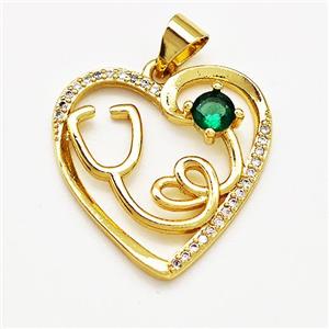 Copper Heart Pendant Pave Zircon Stethoscope Gold Plated, approx 21mm [FN41212]