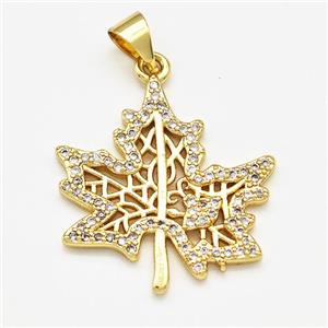 Maple Leaf Charms Copper Pendant Pave Zircon Gold Plated, approx 21-22mm [FN41233]