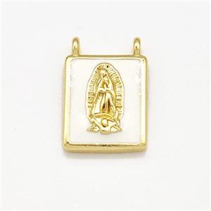 Copper Rectangle Pendant Virgin Mary White Enamel 2loops Gold Plated, approx 10-12mm [FN41279]