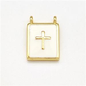Copper Rectangle Pendant Cross White Enamel 2loops Gold Plated, approx 10-12mm [FN41280]