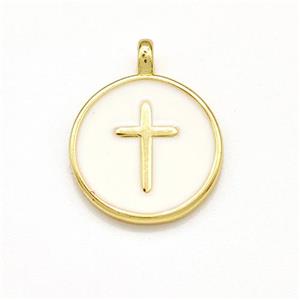 Copper Circle Pendant Cross White Enamel Gold Plated, approx 15mm [FN41285]