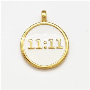 Copper Circle Pendant Double Eleven White Enamel Gold Plated, approx 15mm [FN41291]