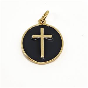 Copper Circle Pendant Cross Black Enamel Gold Plated, approx 14mm [FN41292]