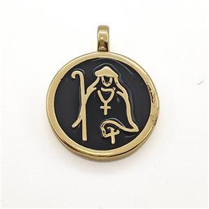 Copper Circle Pendant Jesus Black Enamel Gold Plated, approx 15mm [FN41294]