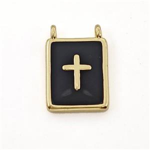 Copper Rectangle Pendant Cross Black Enamel 2loops Gold Plated, approx 10-12mm [FN41305]